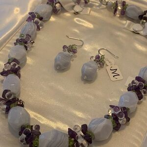 VTG Lavender Blue Agate Cluster Necklace Earrings Set Amethyst Sterling
